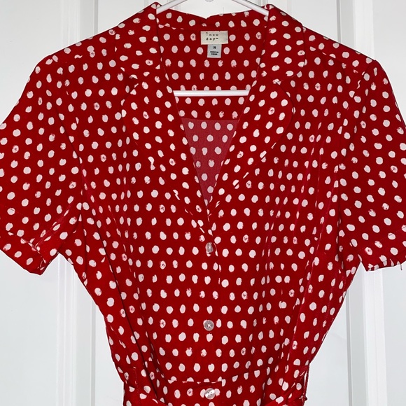 red and white polka dot midi dress